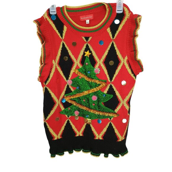 Blizzard Bay Womens Ugly Christmas Sweater Vest L Red Green Tree Sequins Gold Di - Picture 1 of 6
